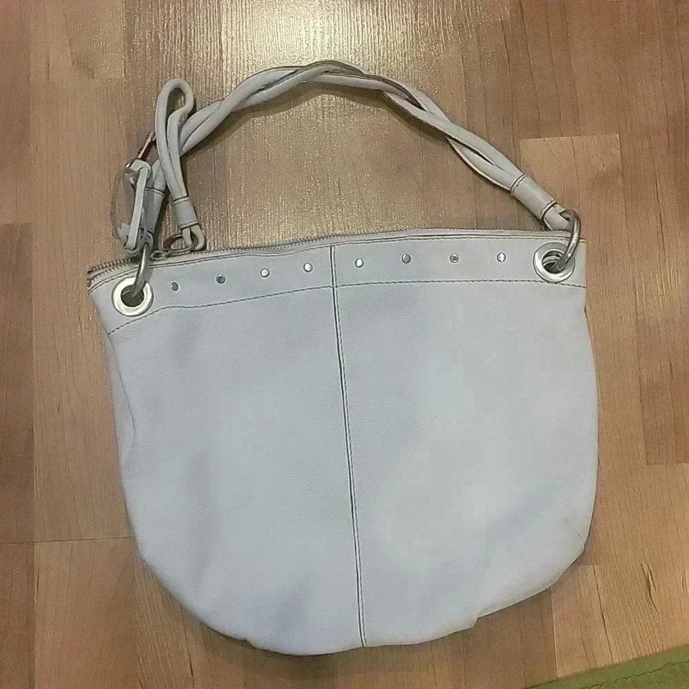 Fossil Hobo Bag Braided Handle Metallic Studs Grommets Genuine Leather Cream